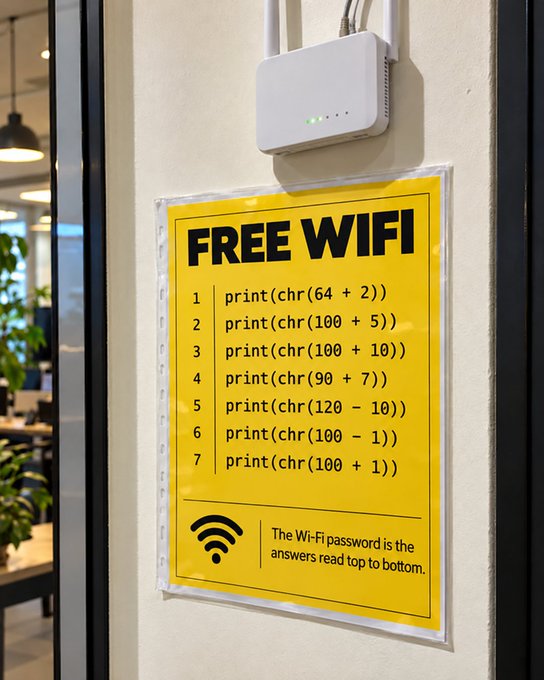 A yellow "FREE WIFI" sign mounted beneath a wall-mounted router displays seven lines of Python code using `chr()` functions to spell out the Wi-Fi password, with a note at the bottom explaining "The Wi-Fi password is the answers read top to bottom." This clever coding puzzle rewards those who can decode the character arithmetic to unlock internet access—fitting perfectly with the caption's nod to earning "the internet to chart."