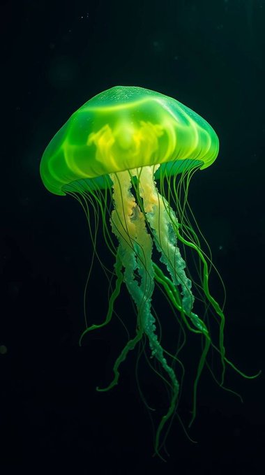 The image features a green jellyfish with long, thin tentacles floating in space. The jellyfish has a yellow body that stands out against its green hue. The background of the image is black, which contrasts with the vibrant colors of the jellyfish. The photo appears to be taken from a low angle, making the jellyfish look even more prominent and majestic as it floats through the air.