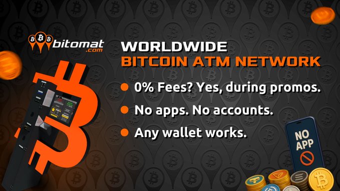 An advertisement for bitomat.com's Worldwide Bitcoin ATM Network, highlighting features like 0% fees during promos, no apps or accounts required, and compatibility with any wallet.