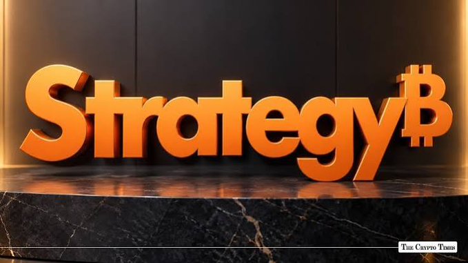 The image features a large, bold 3D orange "Strategy₿" logo displayed on a dark marble surface, visually reinforcing the company's Bitcoin-focused identity. This branding ties directly to the announcement of Strategy's proposal to pay daily dividends on its preferred stocks (STRC, STRD, STRF, and STRK) to shareholders.