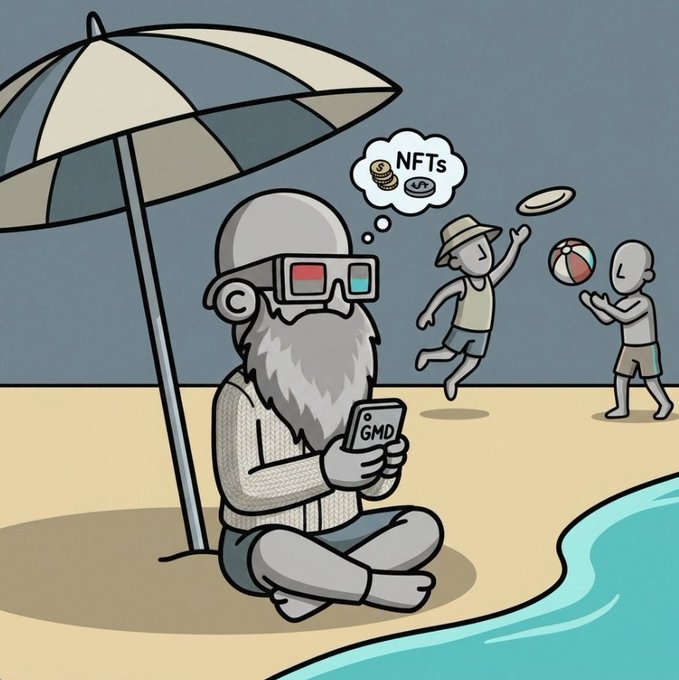A cartoon illustration of a monkey wearing VR glasses and a sweater sitting under a beach umbrella holding a phone labeled 'GMD', while thinking about NFTs and watching others play with a frisbee and ball at the beach.
