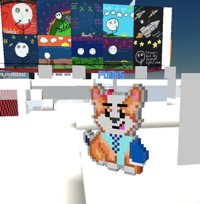 A 3D virtual environment featuring a pixelated, cat-like character wearing a shirt and tie, with a wall of colorful, hand-drawn posters behind it containing text like 'PUPPIES', 'Let it go', and 'Earth sucks'.