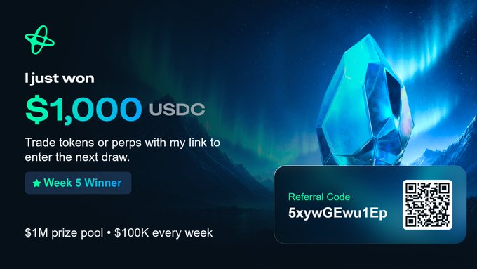 Promotional graphic announcing a $1,000 USDC win for 'Week 5 Winner', featuring a $1M prize pool with $100K given weekly, referral code '5xywGEwu1Ep', and a QR code.