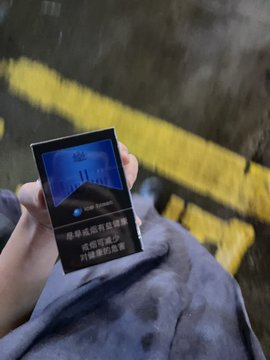 The image features a person holding an electronic cigarette, or e-cigarette, with a blue screen displaying the word "crypto" on it. The person appears to be sitting down while using their e-cigarette. The background of the photo shows a yellow line running across the street and a gray sidewalk. There is also text in the image that reads: "Crypto Survival Plan| Day 5 《鼠鼠日记》 用Bitget Wallet U卡消费了4.04u 个福啊".
