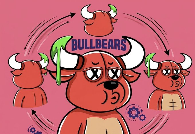 A cartoon illustration features a red bull character with the text 'BULLBEARS' displayed prominently, surrounded by smaller versions of the bull character arranged in a circular pattern.