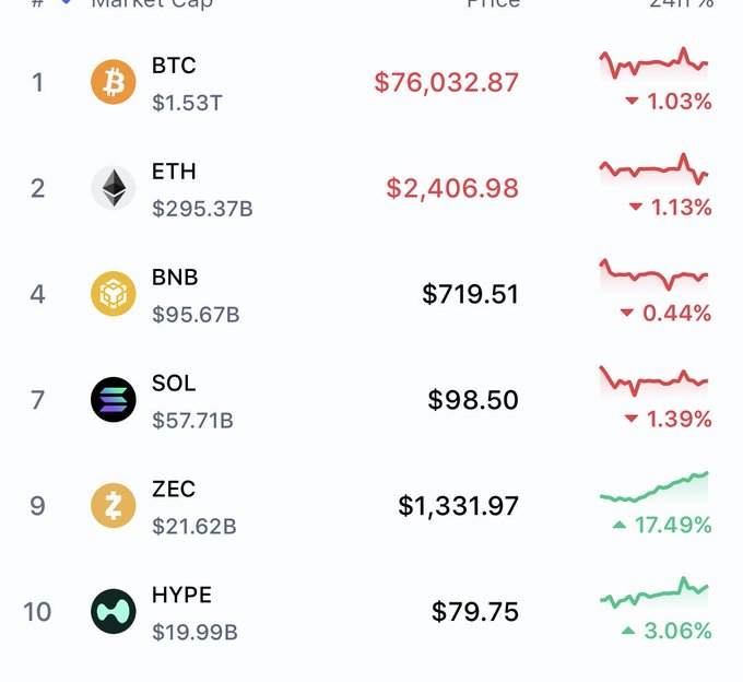 A cryptocurrency market list showing BTC ($76,032.87, -1.03%), ETH ($2,406.98, -1.13%), BNB ($719.51, -0.44%), SOL ($98.50, -1.39%), ZEC ($1,331.97, +17.49%), and HYPE ($79.75, +3.06%) with their market caps and 24-hour trend lines.