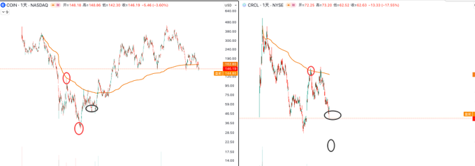 The image shows two side-by-side candlestick charts comparing the post-IPO price action of CRCL (Circle, NYSE) on the right and COIN (Coinbase) on the left, with key technical levels circled in red and black to highlight similar VWAP retest patterns referenced in the analysis suggesting potential downside targets of $30 or ~$60.