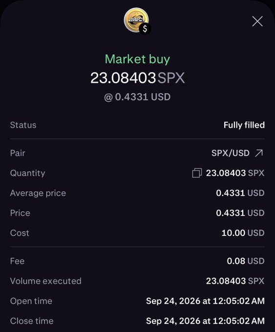A cryptocurrency trading app screenshot showing a fully filled 'Market buy' order for 23.08403 SPX at 0.4331 USD, executed on Sep 24, 2026 at 12:05:02 AM with a 0.08 USD fee.