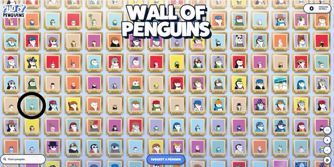 A grid titled 'WALL OF PENGUINS' displays numerous colorful penguin NFT characters, with one circled on the left and a 'SUGGEST A PENGUIN' button at the bottom.