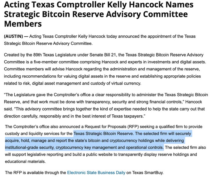 The image is a screenshot from an article about Texas becoming a strategic reserve for Bitcoin. It's related to acting as Texas Comptroller Kelly Hancock names members of the Strategic Bitcoin Reserve Advisory Committee, which comprises members selected based on their expertise in matters concerning digital asset management and cryptocurrency security. The text mentions that these individuals will advise the state Legislature on how it can best protect its citizens against cyber threats or manage the distribution of Bitcoins among different industries and regions within Texas. This article highlights the importance of Bitcoin as a currency and how the states are working to regulate, safeguard, and distribute this digital asset effectively.