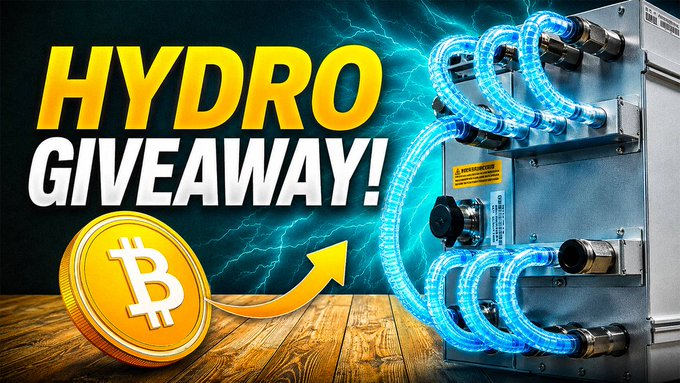 A promotional thumbnail for a 'HYDRO GIVEAWAY!' featuring a Bitcoin coin and an arrow pointing toward an industrial cooling machine with blue glowing tubes.