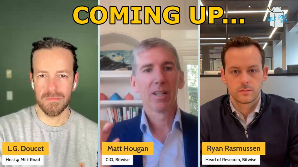 The image shows three men sitting behind a desk with their faces displayed on a computer screen. Each man has a different expression as they appear to be discussing or presenting something related to crypto tokens. The background of the image features a green wall, which contrasts with the white text that reads "COMING UP...?".