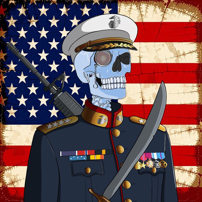 Stylized illustration of a skeleton wearing a U.S. Marine Corps dress uniform with medals, holding a rifle and sword, set against a weathered American flag background.