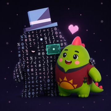 A cute green dinosaur mascot wearing a red vest stands beside a shadowy figure composed of code symbols, a top hat, and a pixelated heart. The image illustrates the post's announcement of "Dino" joining the "Late Stage Archetypes" (LSA) community, representing the whimsical crossover between Sleepagotchi and WizardX's project.