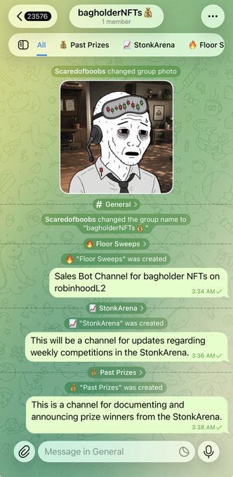 This image shows a Telegram chat screenshot from the "bagholderNFTs" group (2356 members, 1 visible), displaying a "Wojak" style meme profile pic and an activity log with channel creations for "Floor Sweeps," "StonkArena," and "Past Prizes," along with a posted link to a Sales Bot Channel for bagholder NFTs on robinhood.t2. It appears to document the launch/setup of an NFT project being promoted in the post, with the channels and bot serving as infrastructure to support the new Robinhood NFTs minting at ~$5, likely tied to competitions and prize announcements referenced in the promotional message.