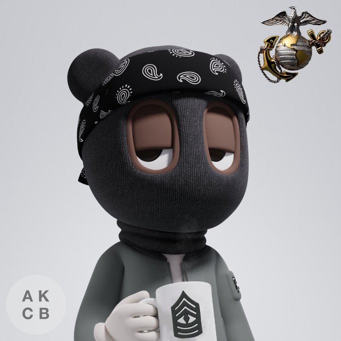 A 3D-rendered character wearing a black bandana and balaclava holds a mug, with a U.S. Marine Corps emblem floating in the corner and an 'AKCB' logo at the bottom left.