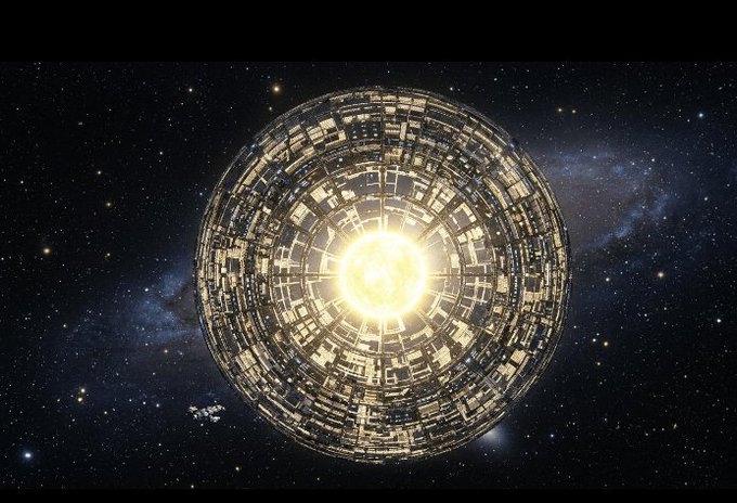 A spherical Dyson-sphere-like megastructure encircling a glowing star against a starry cosmic backdrop with the Milky Way visible.