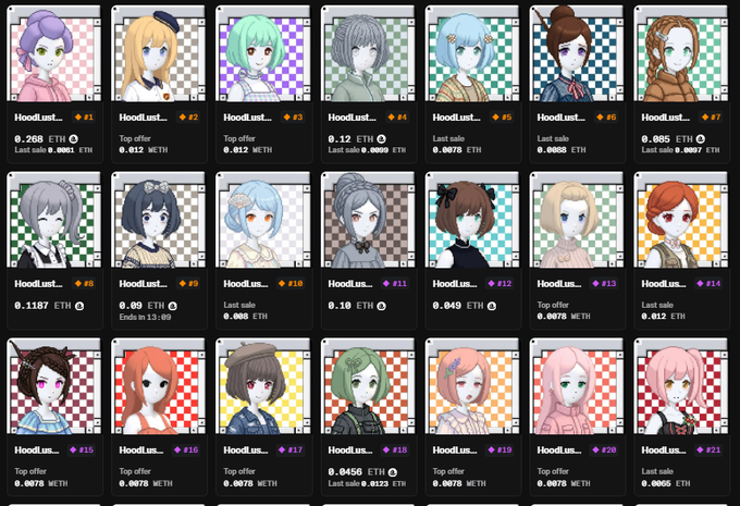 A grid of 21 anime-style character NFTs from the "HoodLust..." collection on OpenSea, each priced between 0.0085 ETH and 0.268 ETH, with prices and rankings (#1-#21) displayed beneath each portrait. The image showcases the marketplace listings referenced in the post about checking rarity on OpenSea.