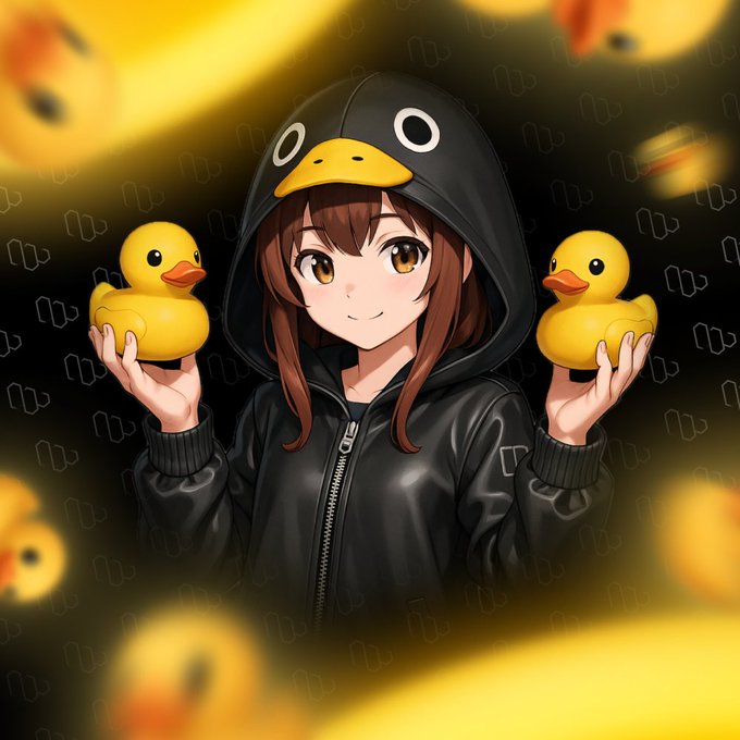 An anime illustration of a girl in a black duck-themed hoodie holding two rubber ducks, with more yellow ducks floating in the blurred background.