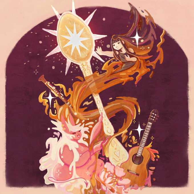 A whimsical digital illustration showing a small figure with flowing dark hair riding a swirl of flame and pink liquid, surrounded by musical instruments including a golden spoon, clarinet, and guitar against a purple background.