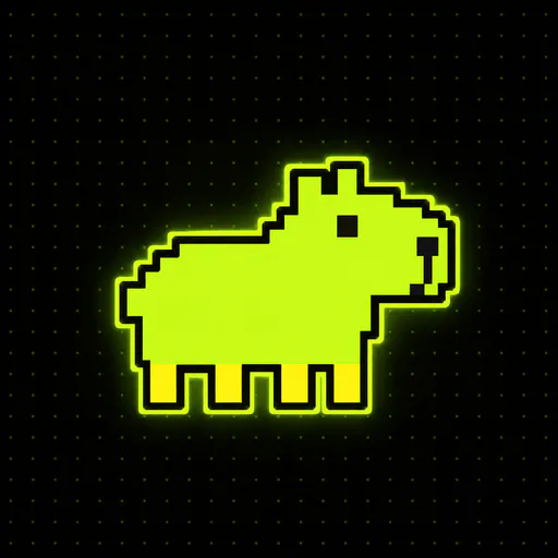 A neon green pixel art illustration of a sheep or goat with a glowing outline, displayed on a black background featuring a subtle dot grid pattern.