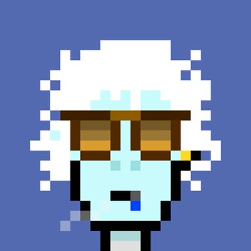 A pixel art character with white messy hair, blue skin, sunglasses, and a cigarette on a blue background.