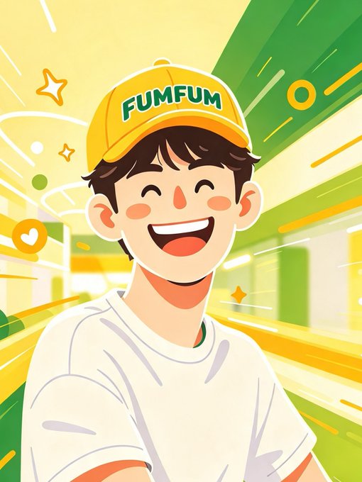 A cheerful cartoon-style illustration of a smiling boy wearing a yellow 'FUMFUM' cap and white shirt, set against a green and yellow background with decorative star and heart elements.