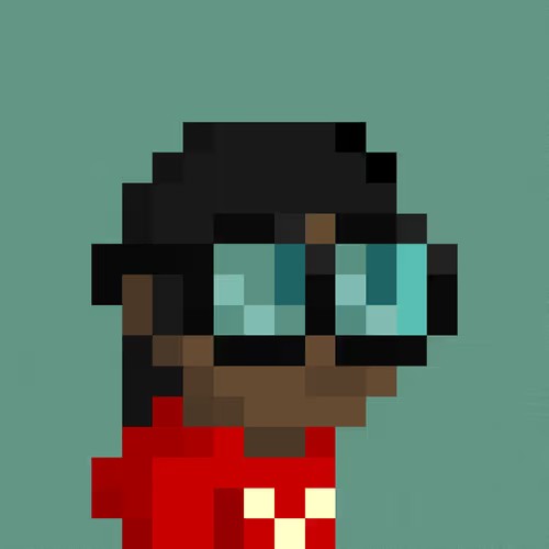 A pixel art portrait of a dark-skinned character with glasses and a red shirt against a teal background.
