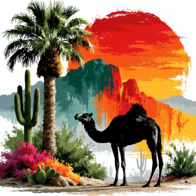 A silhouette of a camel stands against a vibrant desert sunset featuring a large red-orange sun, towering saguaro cacti, a palm tree, and colorful wildflowers, evoking the tranquil solitude referenced in the "Desert Symphony" NFT listing.