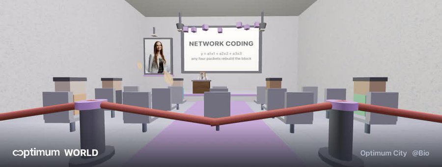 A 3D virtual classroom setting labeled 'OPTIMUM WORLD' and 'Optimum City @Bio' showing a presentation on 'NETWORK CODING' with the formula 'y = a1x1 + a2x2 + a3x3' and the text 'any four packets rebuild the block'.