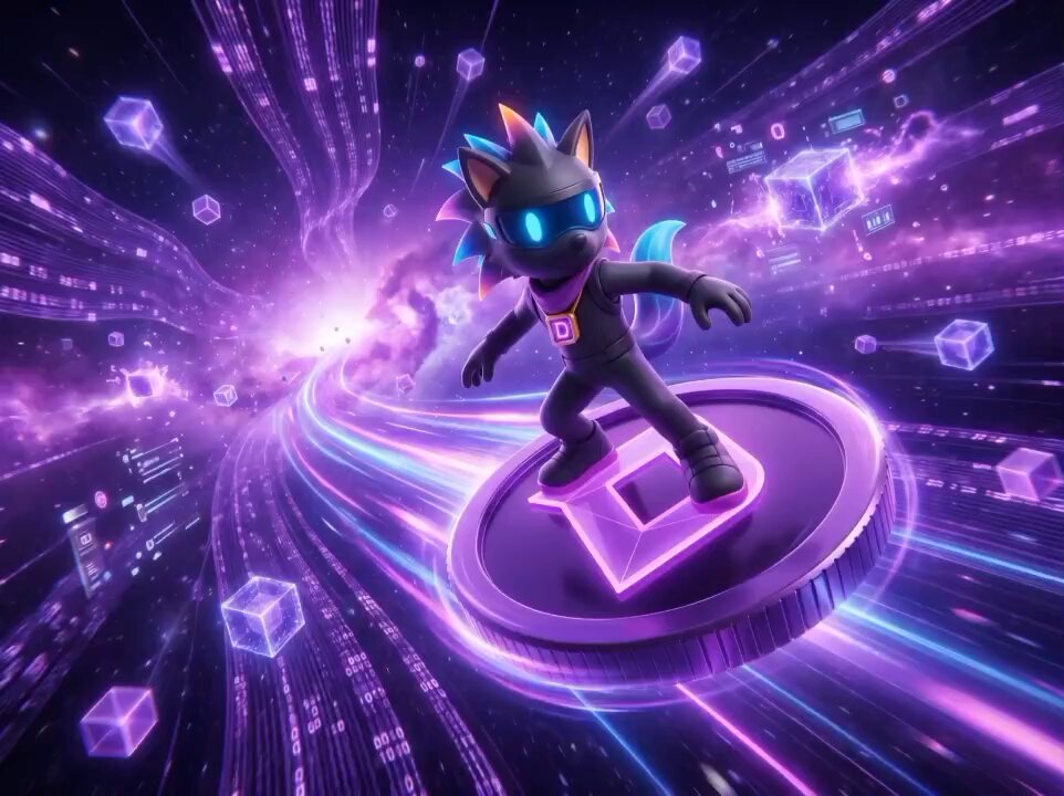 The image features a character from the video game Sonic the Hedgehog riding a coin through a purple space filled with floating cubes. The character appears to be wearing a bandana and sunglasses while holding onto the coin, which is located at the bottom of the frame. The background consists of a purple sky dotted with floating cubes, creating an immersive and futuristic atmosphere for the scene.