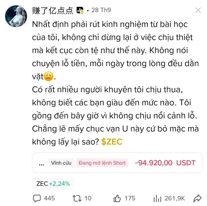 A Vietnamese social media post from a user named '赚了亿点点' lamenting their experience shorting ZEC, with the position showing a loss of -94,920.00 USDT, while ZEC is up +2.24%.