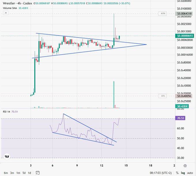 A cryptocurrency chart for Wrestler ($Wrestler/Codex) on a 4-hour timeframe shows a symmetrical triangle breakout with price at $0.0008693 (+30.07%), accompanied by RSI at 70.51 and a notable volume spike, aligning with the post's bullish "fill the wick" sentiment.