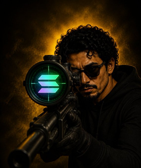 A stylized, dramatic portrait of a man wearing sunglasses and a black hoodie, aiming a sniper rifle with a green digital scope display against a smoky golden background.