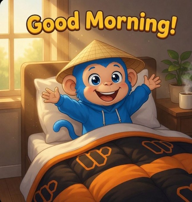 The image features a cartoon monkey sitting on top of an orange and black striped comforter on a bed. The monkey appears to be wearing a hat with a straw, giving him a unique appearance. The background shows a window that allows natural light into the room, creating a warm and inviting atmosphere. The caption "Good morning gQuack This is honestly one of the biggest mindset shifts happening inside ecosystems like @wallchain" suggests that there might be an interesting or unusual aspect related to the cartoon monkey in the image.