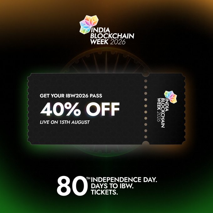 Promotional graphic for India Blockchain Week 2026 advertising 40% off passes live on the 15th of August, celebrating 80th Independence Day with 80 days to ticket release.