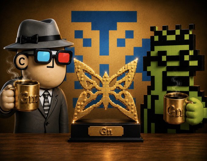 A digital art piece featuring a character in a suit with 3D glasses holding a "Gin" mug next to a pixelated green character, both flanking a golden butterfly trophy, with a blue "TT" logo in the background.