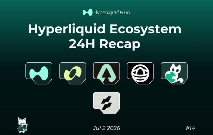 A graphic titled 'Hyperliquid Ecosystem 24H Recap' dated Jul 2 2026, featuring the Hyperliquid Hub logo and six project icons.