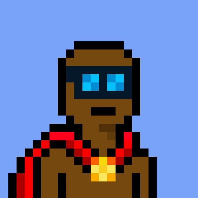 A pixel art character resembling a brown robot or statue with blue glowing eyes and red accents, set against a blue background.
