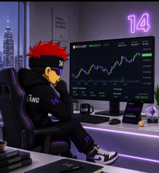 Anime-style artwork of a red-haired trader wearing a 'GANG 14' hoodie and sunglasses, sitting at a desk analyzing a BTC/USDT chart showing $68,432.67 in a neon-lit room with books titled 'MINDSET,' 'STRATEGY,' and 'FREEDOM.'