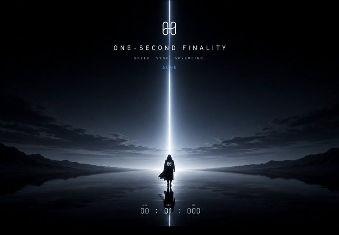 The image features a person standing alone in front of a large, bright light that appears to be coming from above them. The scene takes place against a dark background with mountains visible in the distance. The caption below the image reads "$ONE Second Finality incoming @harmonyprotocol". This suggests that there is an event or gathering related to the post's theme, and the person standing under the bright light could be a speaker or performer at this event.