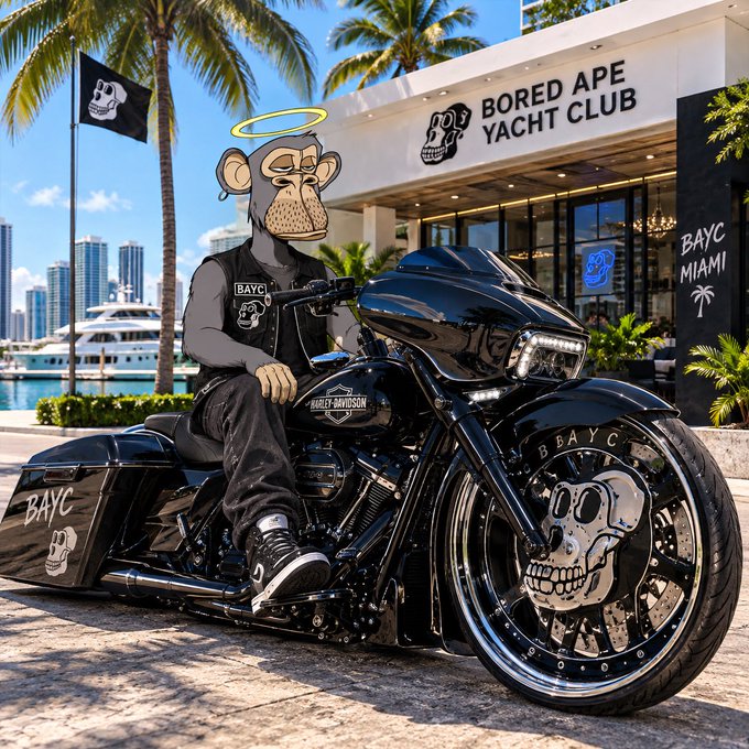 A digital artwork depicts a Bored Ape NFT character with a halo riding a black Harley-Davidson motorcycle branded with 'BAYC' outside the Bored Ape Yacht Club in Miami.