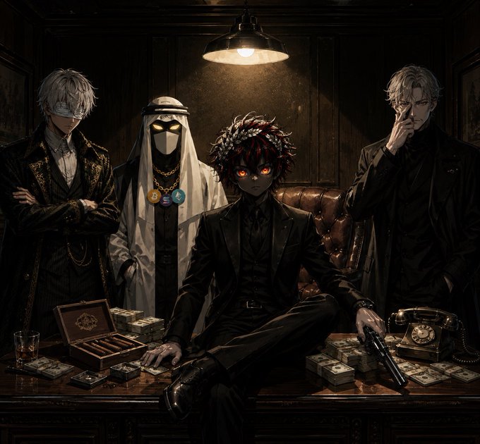 A dimly lit noir scene shows four figures gathered around a desk piled with stacks of cash, a vintage telephone, a pistol, and a cigar box, with the central figure—a dark-haired man with glowing red eyes and a laurel wreath—seated authoritatively while flanked by a masked figure in white, a white-haired man in a mask, and another suited figure.

The image's ominous, power-laden atmosphere with shadowy figures surrounded by money and weapons suggests a stylized "good morning" greeting from the gritty underbelly of the crypto/web3 space, where fortunes are made in shadows and early mornings feel like entering a high-stakes underworld.