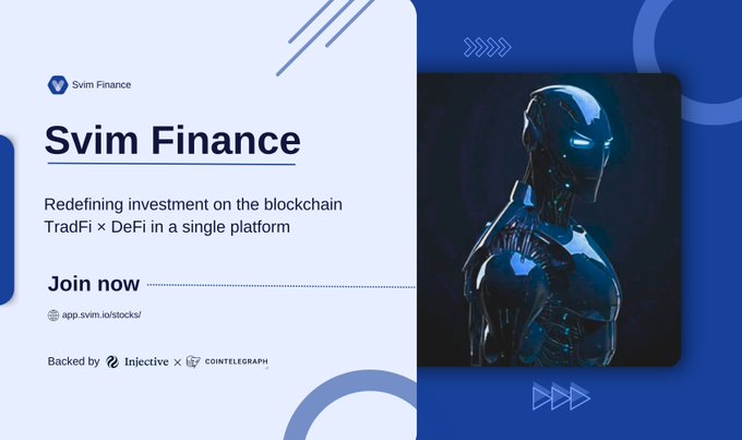 The image features a poster for a website called Swim Finance that promotes investment opportunities on the blockchain. The poster includes a picture of a robot with blue eyes and a human figure wearing a suit, which are both rendered in shades of blue. The text on the poster encourages people to join the platform and invest in the cryptocurrency industry.