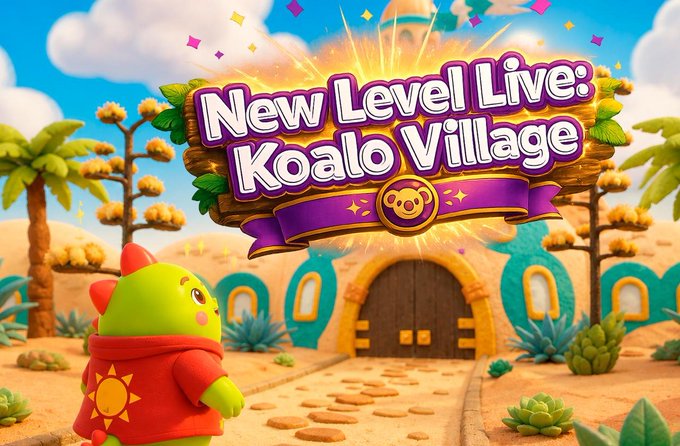 A colorful, cartoonish promotional banner reading 'New Level Live: Koalo Village' featuring a green dinosaur-like character wearing a red shirt, set in a desert village environment.