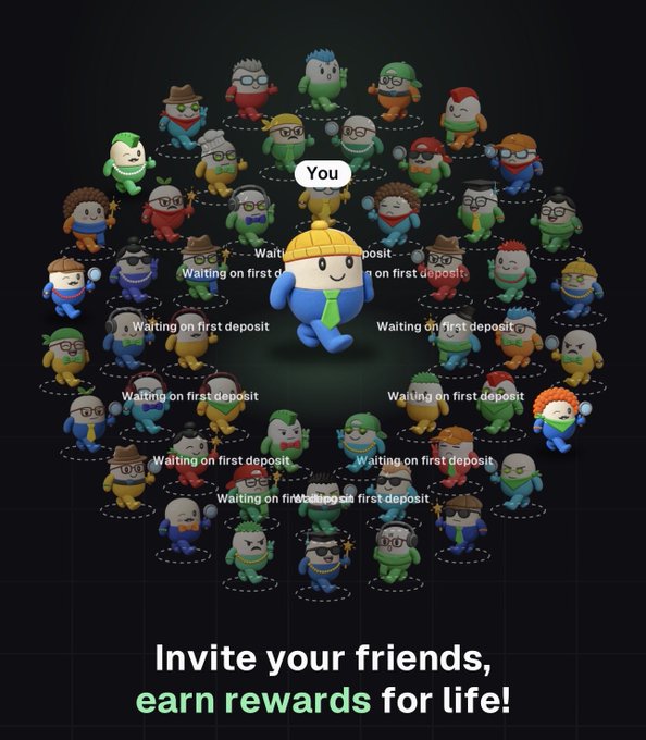 A mobile game promotional screen showing cartoon characters labeled 'Waiting on first deposit' arranged around a central 'You' character, with text 'Invite your friends, earn rewards for life!'.