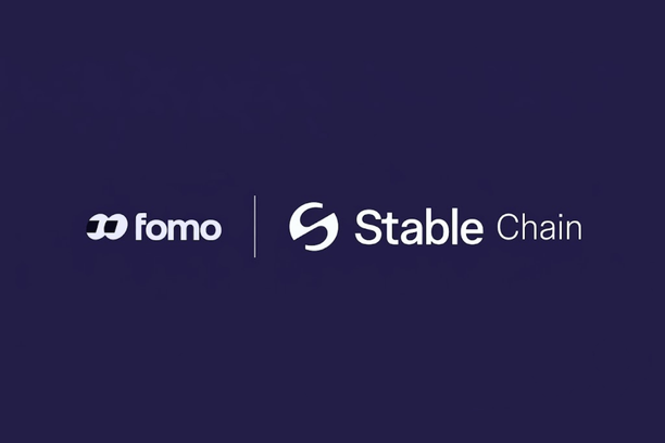 The image features logos of "fomo" and "Stable Chain" displayed side by-side on a dark blue background. It visually represents the partnership or integration being referenced in the post, highlighting user demand to trade Stable network assets on the Fomo app.