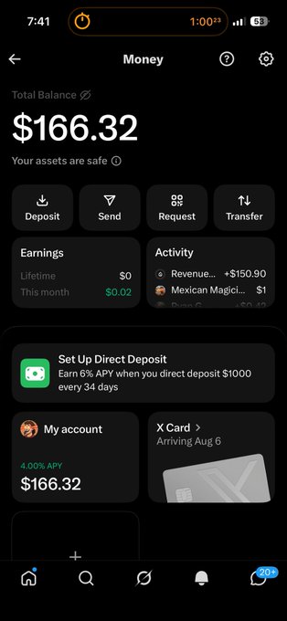 A screenshot of a "Money" app displaying a total balance of $166.32, with a recent deposit of $150.90 shown in the activity section, reflecting the payout received mentioned in the post. The image highlights the young investor's earnings and growing financial tracking journey.