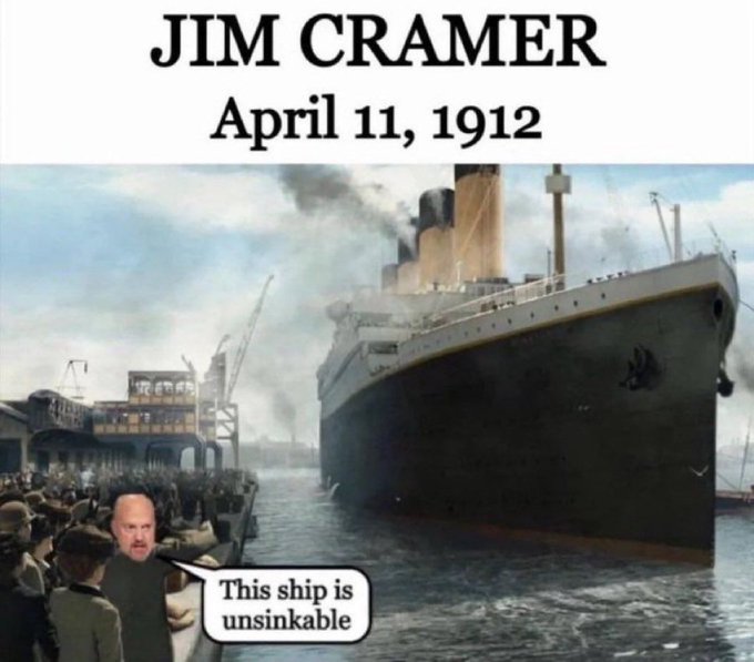 A humorous image shows Jim Cramer's face photoshopped onto a crowd scene at a port, with a Titanic-like ship in the background. The text reads "JIM CRAMER April 11, 1912" with a speech bubble stating "This ship is unsinkable," referencing Cramer's history of overly optimistic financial predictions.