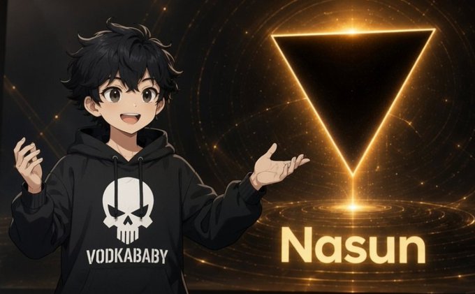 An illustration of a cheerful anime-style boy wearing a black 'VODKABABY' skull hoodie, gesturing toward a glowing orange downward-pointing triangle with the name 'Nasun' below it.